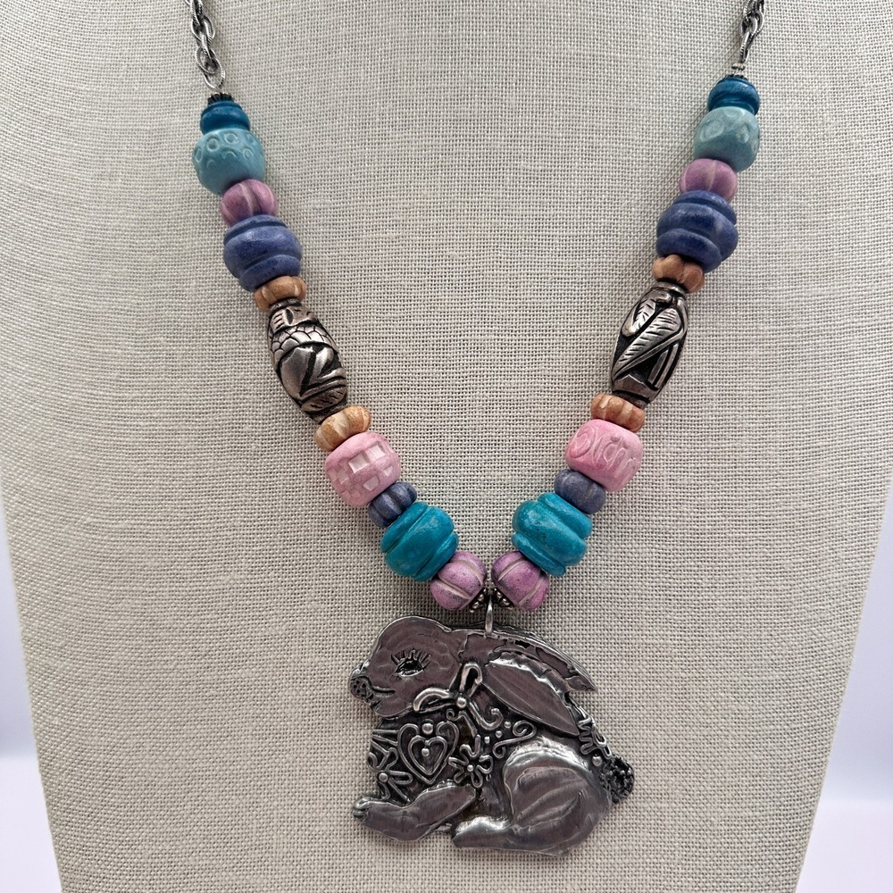 Vintage 80s Pewter Bunny Rabbit Pendant Colorful Beaded Necklace Charm Jewelry